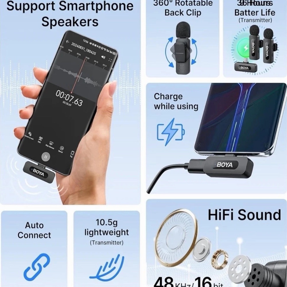 BOYA BY-V10 Wireless Microphones for iPhone 17/16/15 & Android/Laptop with USB-C - Picture 4 of 8
